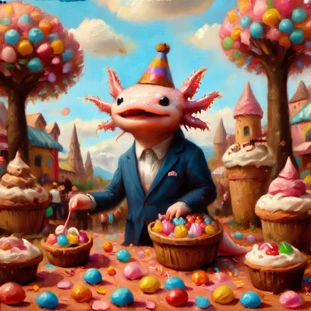 axomodelxl, axolotl in a whimsical candy land, surrounded by giant sweets and candy trees, (oil paint style)