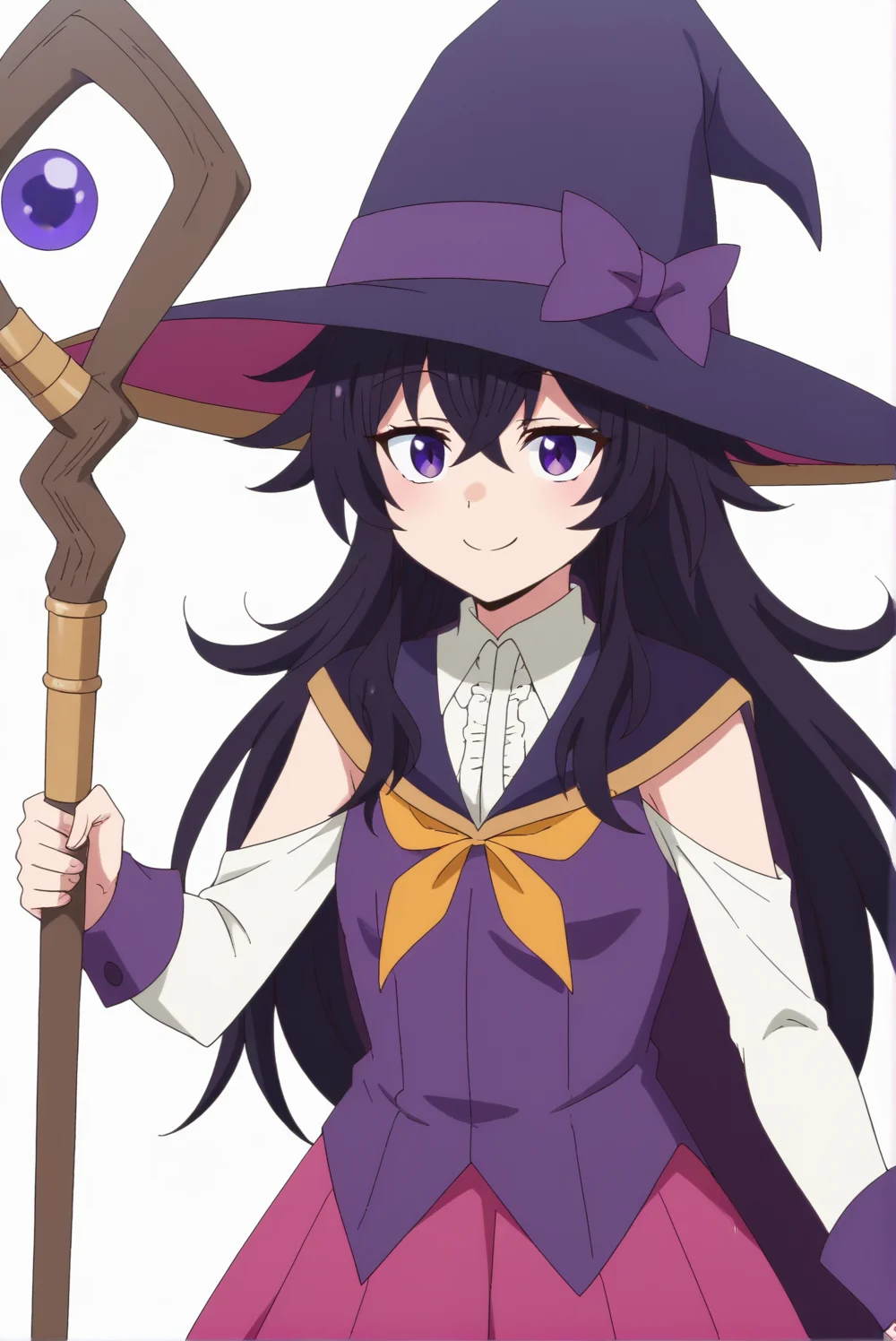 <lora:Belano:0.8>, Belano, witch hat, staff, white background, smile,
