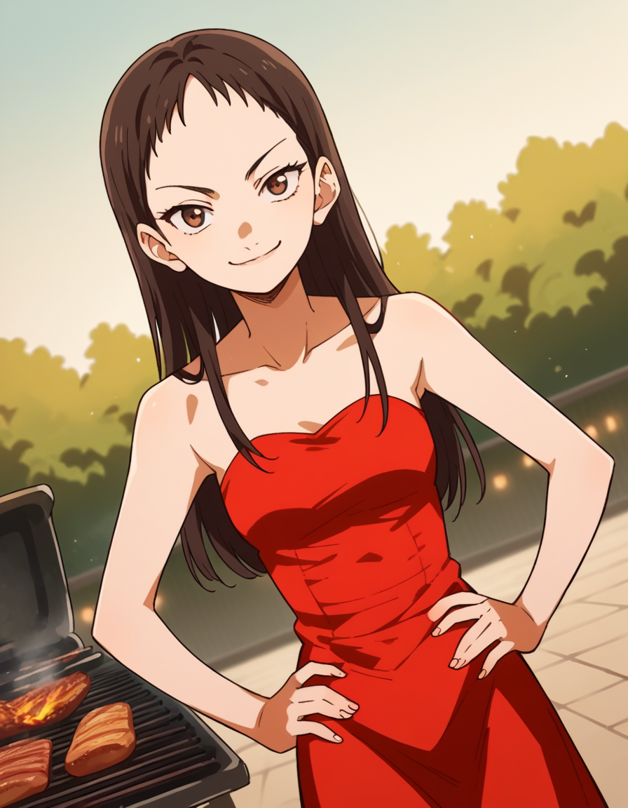 score_9, score_8_up, score_7_up, source_anime, <lora:emi-igawa-s1-ponyxl-lora-nochekaiser:1>,, emi igawa, long hair, brown eyes,, dress, red dress, collarbone, bare shoulders,, backyard, barbecue, grilling, laughter, summer evening, , looking at viewer, smug, hands on hips,, solo,, cowboy shot, dutch angle