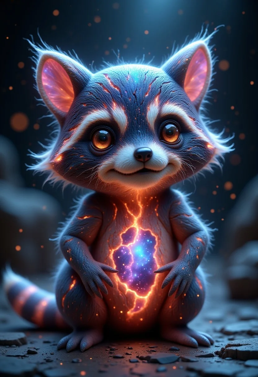glowing galaxy cracks, a cute raccoon with boiling moonlight leaking from its cracked face.