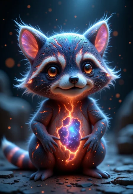 glowing galaxy cracks, a cute raccoon with boiling moonlight leaking from its cracked face.