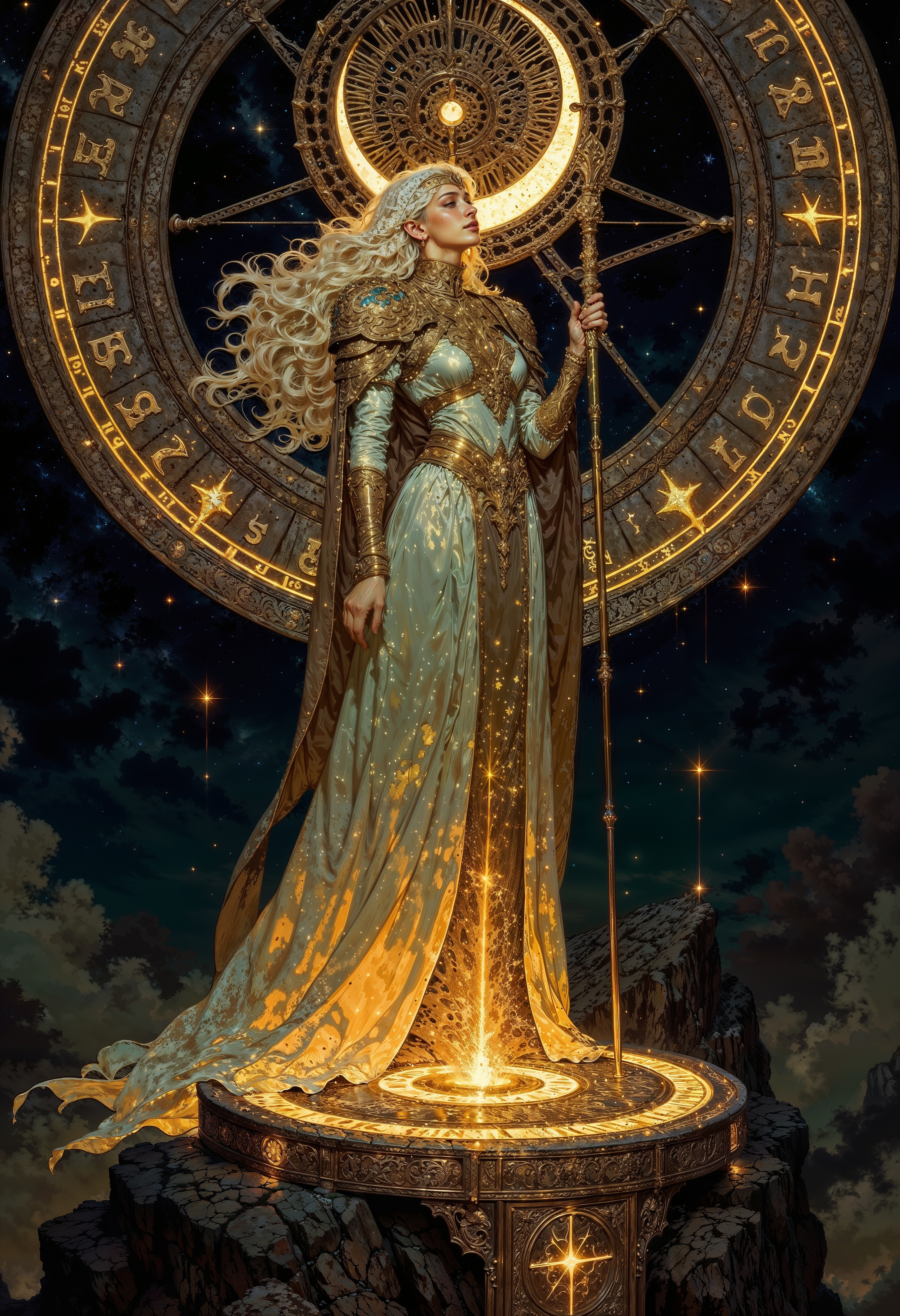 A celestial witch standing atop an ancient observatory, her shimmering gown reflecting the constellations above. Her long silver hair floats weightlessly, as though caught in an eternal breeze, and a delicate circlet of stars rests upon her brow. In her hand, she holds a staff ending in a crescent moon, glowing with a soft, ethereal light. The stone platform beneath her feet is carved with glowing runes, pulsating in rhythm with the stars. She gazes skyward, as if commanding the heavens themselves. <lora:FluxMythV2:0.6> <lora:ck-painterly-fantasy:0.6> <lora:flux.1_lora_flyway_Epic-detail_v2:0.5> <lora:RetroAnimeFluxV1:0.7>