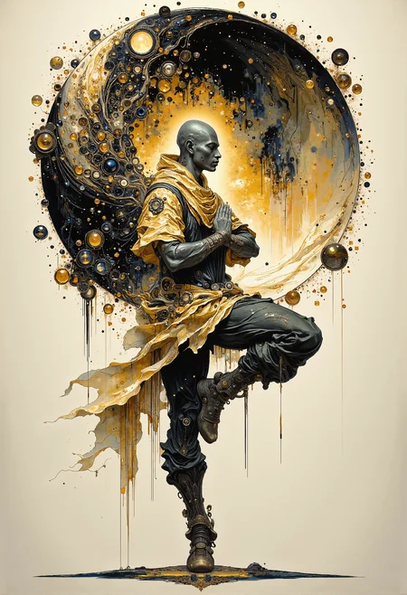 A striking artistic depiction of a serene monk balanced gracefully on one leg in a classic yoga pose, embodying harmony and inner peace. The monk's flowing robes and calm expression mirror the balance of the large, intricately designed yin and yang symbol dominating the background, its swirling patterns filled with ornate details. . The composition exudes tranquility and balance, with the monk positioned at the center of this mesmerizing interplay of opposites. <lora:ancient.safetensors:0.75>, <lora:Elden_Ring_-_Yoshitaka_Amano.safetensors:1.0>, <lora:FluxCyberpunkAnimeStyle.safetensors:1.0>, <lora:aiai-Glimra-Flux-Dev-v2.safetensors:0.25>, <lora:Ethereal Grace - s1 g4.safetensors:0.5>, <lora:paintart-style-006-v1-0-flux.safetensors:0.5>,