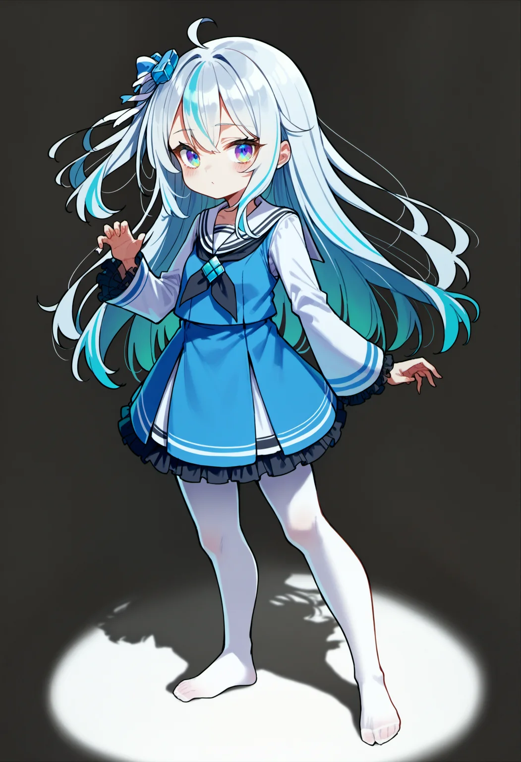 score_9, source_anime, score_8_up, score_7_up,
simple background,white background,<lora:madobev1-000040:0.7> madobev1,full body,standing, claw pose,cyan hair,multicolored eyes, one side up, white_pantyhose,barefoot,no shoes, serafuku, hair ornament, hair bow,black neckerchief,white frills,