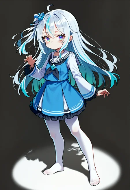 score_9, source_anime, score_8_up, score_7_up,
simple background,white background,<lora:madobev1-000040:0.7> madobev1,full body,standing, claw pose,cyan hair,multicolored eyes, one side up, white_pantyhose,barefoot,no shoes, serafuku, hair ornament, hair bow,black neckerchief,white frills,
