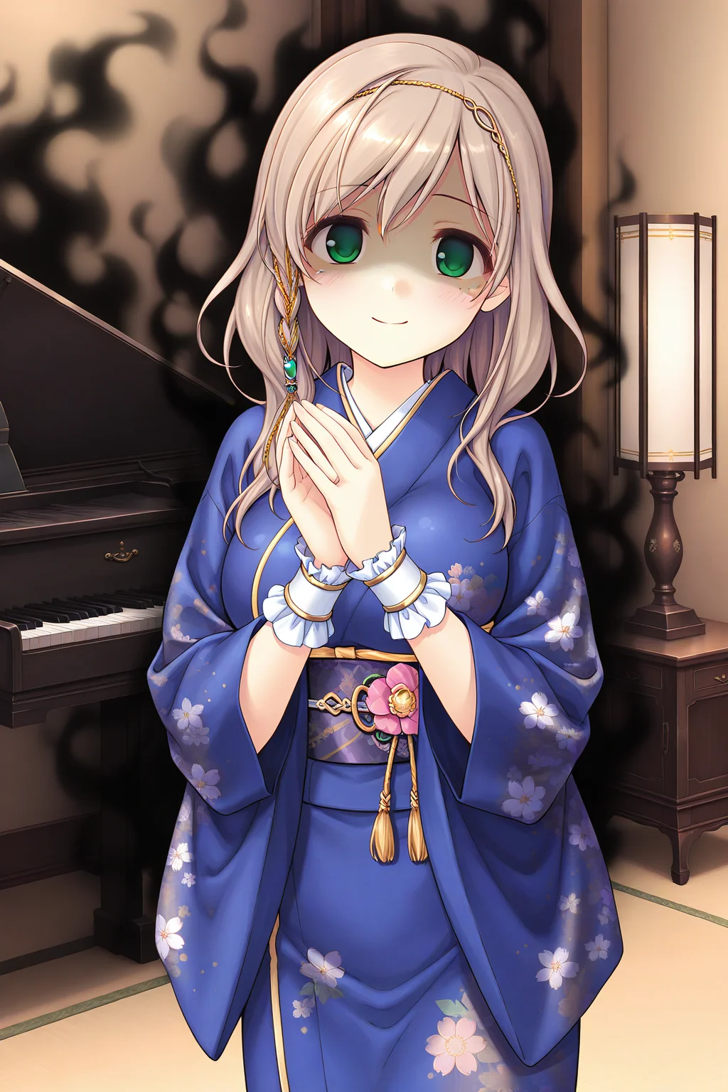 masterpiece, best quality, absurdres, official art, official style, rating general BREAK <lora:sarashinamutsumi_IL_v1-1:0.7>, sarashina mutsumi, 1girl, solo, green eyes, mole under eye, light brown hair, long hair, single braid, side braid, hair between eyes, swept bangs, head chain, gold trim, hair tubes, green gem, hair over shoulder, large breasts, medium breasts, japanese clothes, smile, looking at viewer, own hands together, blue kimono, sash, wrist cuffs, floral print, standing, obi, shaded face, indoors, piano, wide sleeves, long sleeves, table, cowboy shot, closed mouth, print kimono, drawer, yandere, hands up, book, lamp, tassel, short kimono, pink flower, waist flower, pink flower ornament, black aura, dark energy, obsession