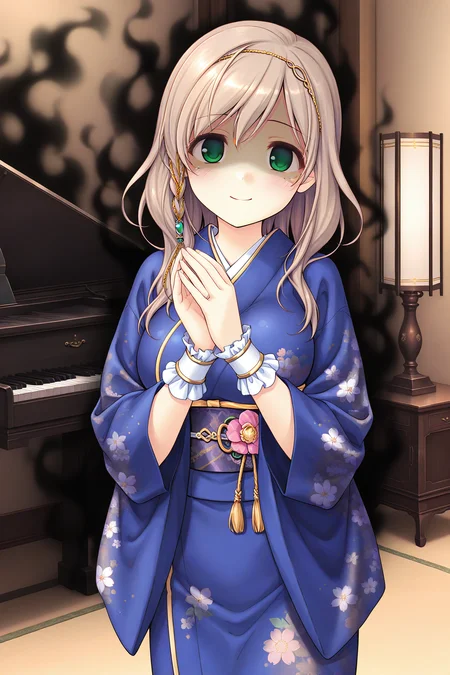 masterpiece, best quality, absurdres, official art, official style, rating general BREAK <lora:sarashinamutsumi_IL_v1-1:0.7>, sarashina mutsumi, 1girl, solo, green eyes, mole under eye, light brown hair, long hair, single braid, side braid, hair between eyes, swept bangs, head chain, gold trim, hair tubes, green gem, hair over shoulder, large breasts, medium breasts, japanese clothes, smile, looking at viewer, own hands together, blue kimono, sash, wrist cuffs, floral print, standing, obi, shaded face, indoors, piano, wide sleeves, long sleeves, table, cowboy shot, closed mouth, print kimono, drawer, yandere, hands up, book, lamp, tassel, short kimono, pink flower, waist flower, pink flower ornament, black aura, dark energy, obsession