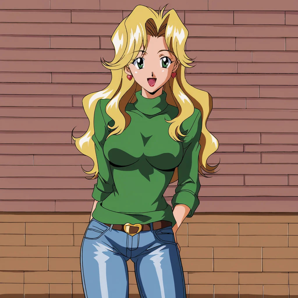<lora:JudyCowboyBebop_pony_v1:.65> JudyCowboyBebop, 1girl, blonde hair, long hair, retro artstyle, green eyes, breasts, 1990s (style), cowboy shot, sweater, jeans