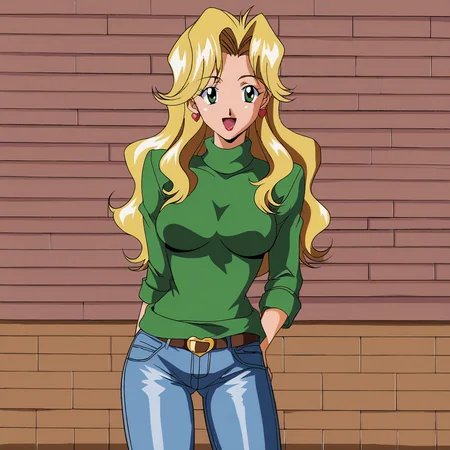 <lora:JudyCowboyBebop_pony_v1:.65> JudyCowboyBebop, 1girl, blonde hair, long hair, retro artstyle, green eyes, breasts, 1990s (style), cowboy shot, sweater, jeans