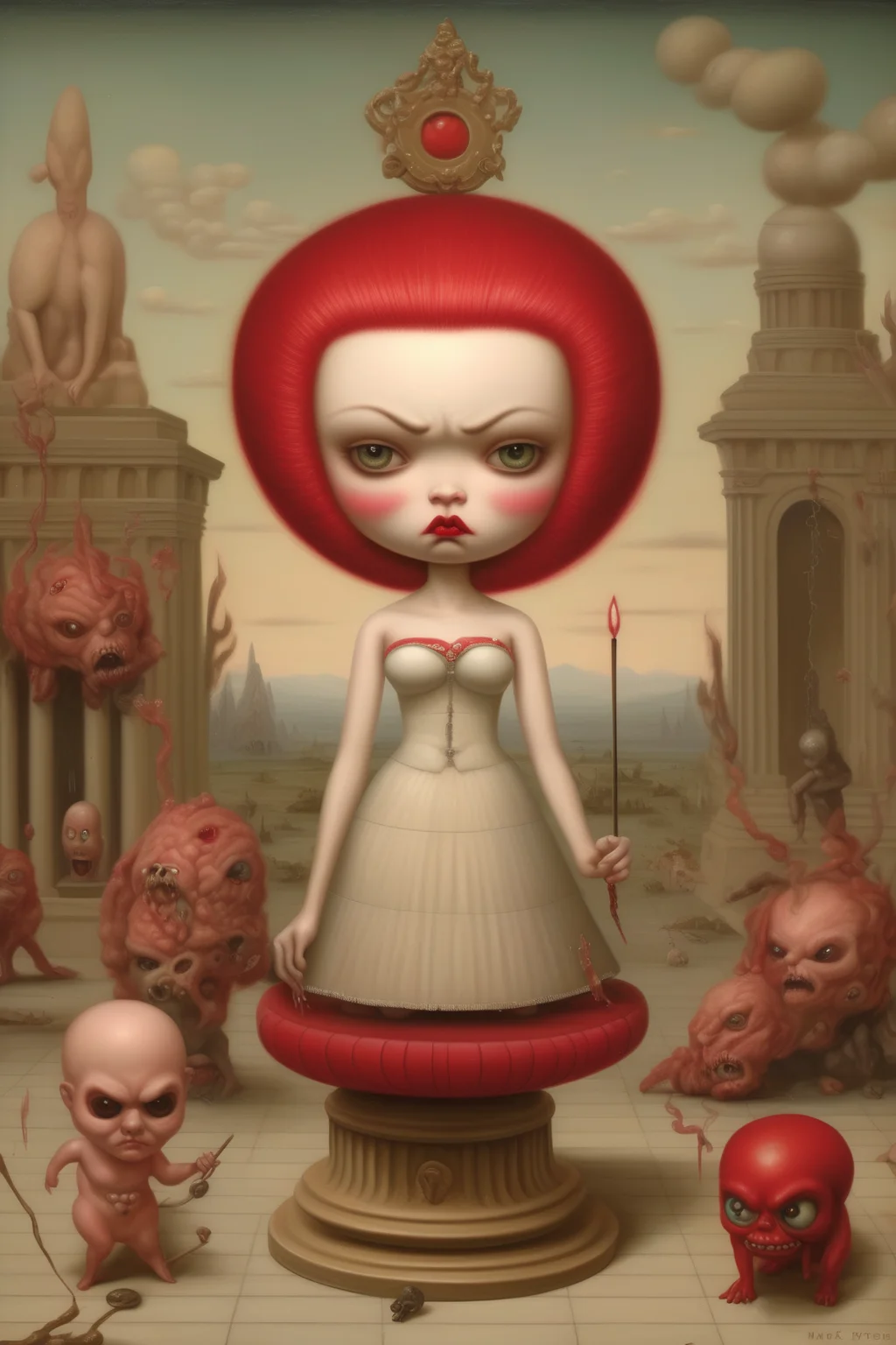 <lora:Mark Ryden Style:1>Mark Ryden Style - the goddess of anger in her environment