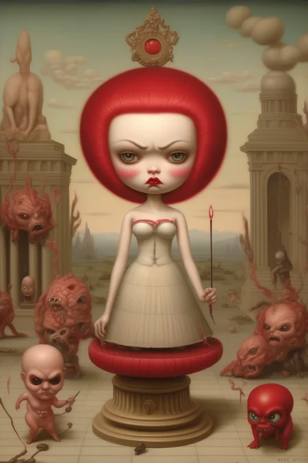 <lora:Mark Ryden Style:1>Mark Ryden Style - the goddess of anger in her environment