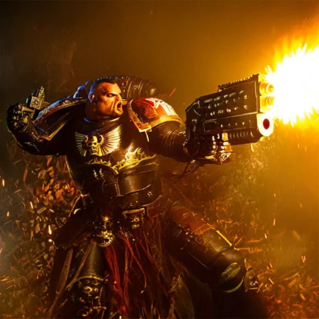 Score_9_up, absurdres, source: GamesWorkshop, grimdark, gothic horror, an adeptus astartes space marine in armor and helmet, he is firing a bolter gun