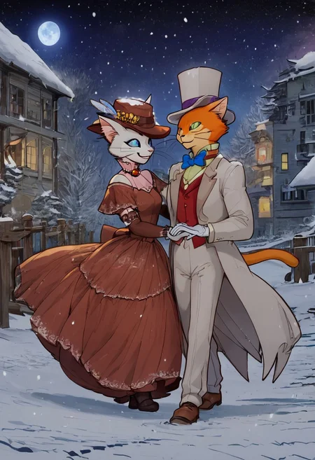 score_9, score_8_up, score_8, cute, in the style of beatrix potter, cel-shading, fca style, baroness louise, white fur, cat, female cat, anthro, baron humbert, ginger fur, cat, male, anthro, suit, tuxedo, blue bow-tie, blow-tie, white gloves, 1girl, furry, hat, 1boy, bowtie, dress, whiskers, hetero, bow, furry female, furry male, formal, gloves, traditional bowtie, top hat, smile, suit, animal ears, elbow gloves, red dress, smiling, blue eyes, walking, walking together, small town background, at night, moon, starry sky, snowy, snowing, nice landscape