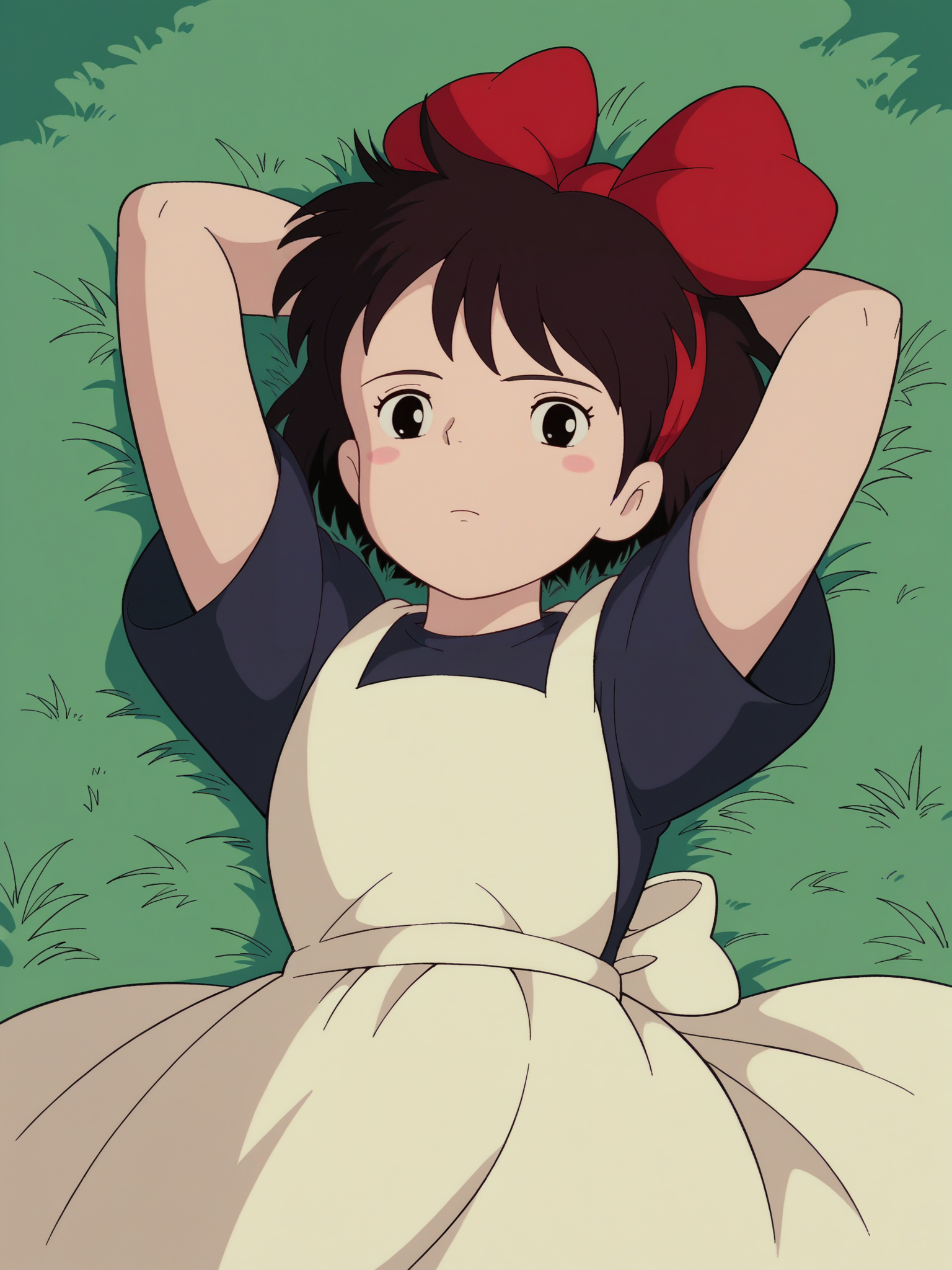 score_9, score_8_up, score_7_up, score_6_up, score_5_up,
1girl, solo, arms_behind_head, black_hair, hair_bow, bow, grass, blush_stickers, short_hair, lying, hairband, black_eyes, on_back, dress, style_parody, official_style, parody, retro_artstyle, short_sleeves, upper_body, expressionless, red_bow, apron, arms_up
 <lora:Kikis_Delivery_Service:1>