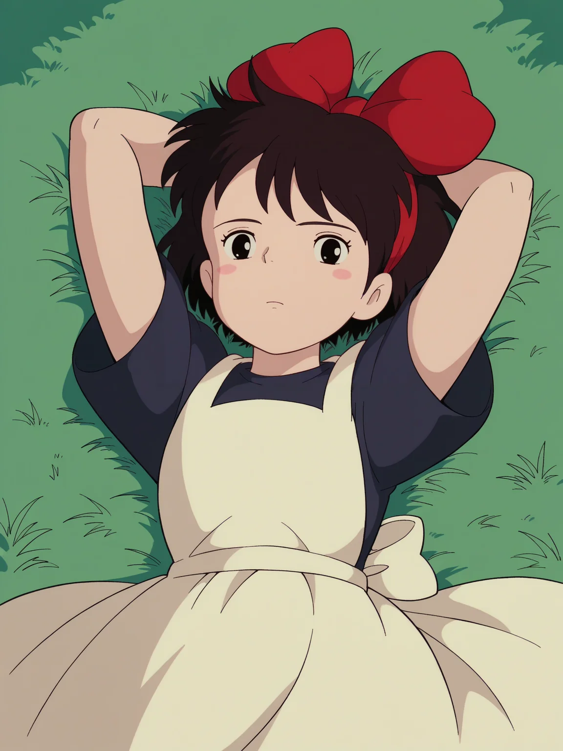 score_9, score_8_up, score_7_up, score_6_up, score_5_up,
1girl, solo, arms_behind_head, black_hair, hair_bow, bow, grass, blush_stickers, short_hair, lying, hairband, black_eyes, on_back, dress, style_parody, official_style, parody, retro_artstyle, short_sleeves, upper_body, expressionless, red_bow, apron, arms_up
<lora:Kikis_Delivery_Service:1>