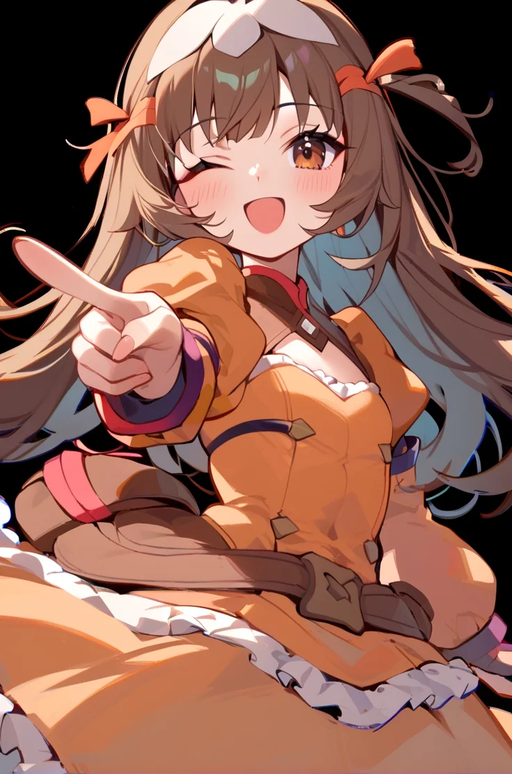 <lora:HandFineTuning_XL:1>
score_9, score_8_up, score_7_up, source_anime, masterpiece,best_quality,
BREAK,
simple background
cowboy shot, upperbody, flat chest
BREAK,
wink, pointing at viewer, open smile, blush,
BREAK,
<lora:remii_autismConfetti_v03:1.2>
remiibase, brown hair, bangs, brown eyes, sidelocks, long hair,
long sleeves, puffy sleeves, orange dress,, zPDXL