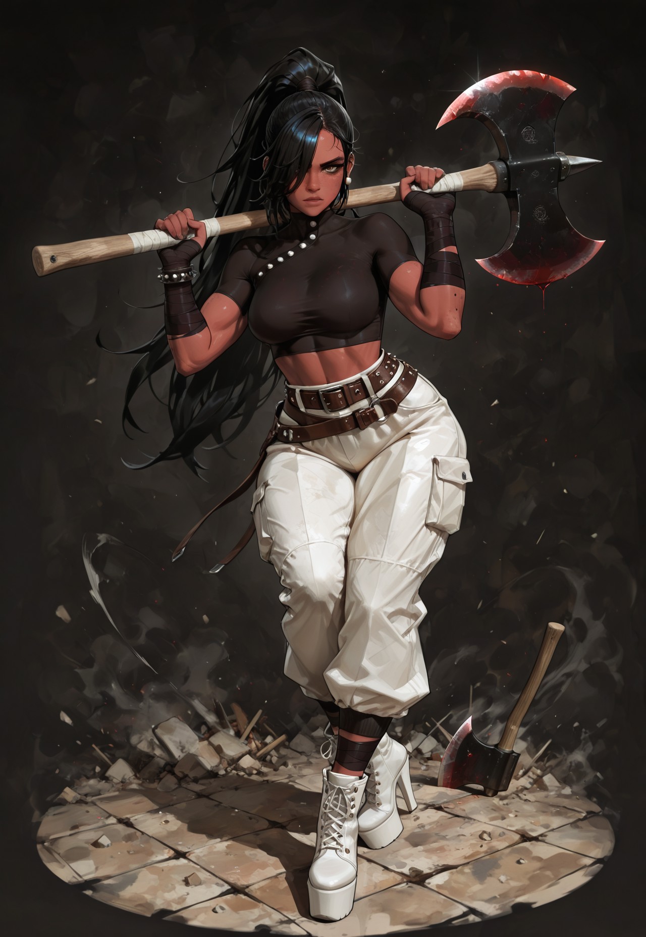 solo, 21yo, crop-top, girl, black girl, african girl, da k skin, black skin,very long straight black hair, brown eyes, gorgeous lips, dark Red warpaint, medium perky breasts, perfect body, large hips, fit body, thick thigs, White baggy pants, white ankle boots,pointed toe, platform toe, stiletto Heels,decorative studs, ankle boots, thick thighs, dark clothes, wearing belts and satchels on legs and hips and arms, black bandages on wrists, freckles, body freckles, black anime hair, big spiky floating ponytail, hair over one eye, thick eyelashes, black eyeliner, condescending expression, wielding a massive Axe, Double Axe, war-axe, running towards Viewer, swinging Axe,bright picture