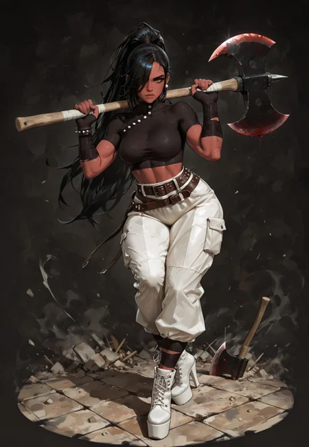 solo, 21yo, crop-top, girl, black girl, african girl, da k skin, black skin,very long straight black hair, brown eyes, gorgeous lips, dark Red warpaint, medium perky breasts, perfect body, large hips, fit body, thick thigs, White baggy pants, white ankle boots,pointed toe, platform toe, stiletto Heels,decorative studs, ankle boots, thick thighs, dark clothes, wearing belts and satchels on legs and hips and arms, black bandages on wrists, freckles, body freckles, black anime hair, big spiky floating ponytail, hair over one eye, thick eyelashes, black eyeliner, condescending expression, wielding a massive Axe, Double Axe, war-axe, running towards Viewer, swinging Axe,bright picture