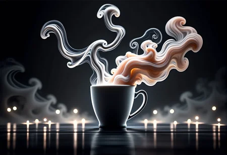 bv-smowormor. A cup losing its solid form, turning into clouds of swirling smoke that are fading into the sparkling light of fairy lights surrounding the scene The scene is captured with a dynamic, low-angle perspective, where the smoke's flow seems almost alive, giving a sense of movement and otherworldly energy. The lighting is designed to use dramatic backlighting to create silhouettes with sharp, defined edges contrasting with the flowing smoke. The scene features reflective surfaces like water or glass that bounce the light, amplifying the surreal effects of the smoke. The style is a hyper-detailed digital painting, emphasizing the smooth transitions and smoky textures. , <lora:bv-smoke-world-morph-1-0.safetensors:1.0:1.0>