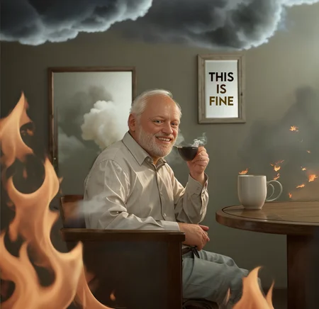 <lora:haroldDiffusionLora_versionTT:1>, photo of realistic harold, sitting on a chair, thumbs up, smiling, inside a restaurant in fire, smoke on roof, cofee on table, green wall, mirror on wall, artstation, 4k, UHD, looking at viewer, Fujifilm XT3, ultra quality,  