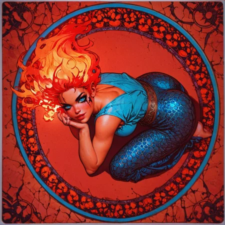 score_9, score_8_up, score_7_up,score_6_up, full body, view from above, Mucha style, perfect face, focus on face,perfect anatomy, focus on face, woman made of fire, fiery skin, red skin, glowing, 1woman, 20 year old woman, a sexy woman poses, mucha background, sexy pose, cute pose, ring of fire, (blue chainmail dress), (blue chainmail skirt), bare feet, pouty, flirty look in eyes, close on face, cavern, underground, ((fiery red hair)), ((short hair)), heavy pin-up eyeliner, freckles, EGirlMakeup, neon colors, large breasts, perfect face, thin waist, heart-shaped ass, bubble butt, bright glowing blue eyes, on fire, dripping fire
Hide