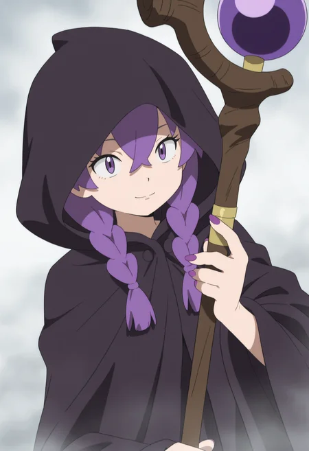 PokemonStyle, masterpiece, best quality, amazing quality, very aesthetic, high resolution, very awa,
1girl, face focus, twin braids, dutch angle,  light smile,  fog, holding mage staff, hood up, cloak, hand focus, dynamic pose, purple nails, hair between eyes,   <lora:Pokemon_Sun__Moon_r1:1>