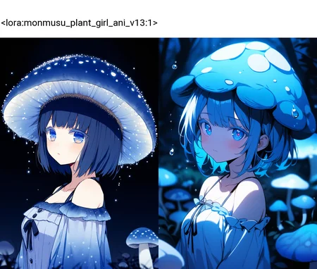 mushroom girl, 1girl, bare shoulders, blue theme, blue nails, jirai kei, colored eyelashes,
blue eyes, looking at viewer, closed mouth,
collarbone, facing viewer, light particles, mushroom, mushroom hat, personification, solo,
mycena subcyanocephalar, night, depth of field, scenery, nature, blue mushroom, droplets, dew drop, from side,
masterpiece, best quality, very aesthetic, absurdres
<lora:monmusu_plant_girl_ani_v13:1>