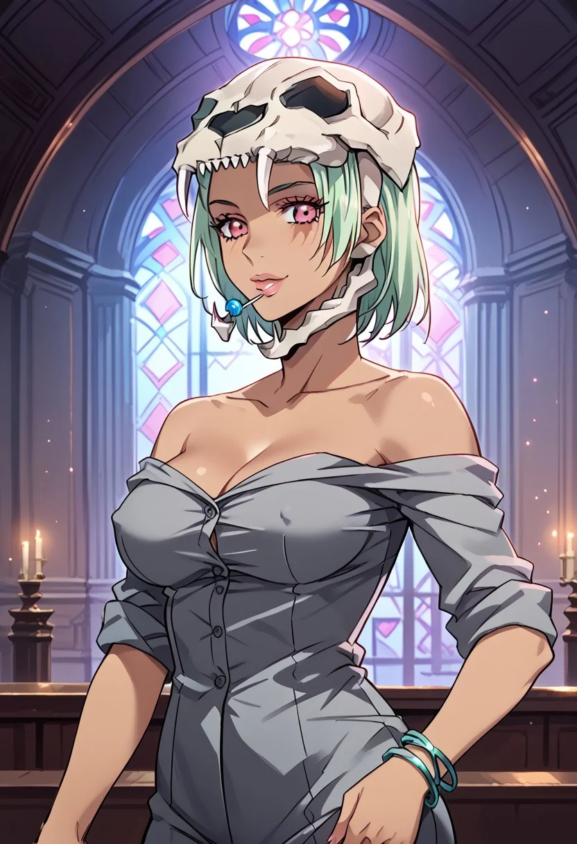 CastraDP, 1girl, solo, dark skinned female, mint green hair, light green hair, bob cut, pink eyes,  pink irises the shape of an X, lips, animal skull on her head, large grey dress shirt, large breast, blue bracelets, pink shoes, jewelry, bare shoulders, lollipop, cleavage, wide hips, tattoo on collarbone,
seductive pose, sexy pose, tease,  in the spotlight,,
smile,   jojo reference, indoors,
score_9, score_8_up, score_7_up, beautiful aesthetic, very intricate, high quality details,vibrant, highly detailed, award-winning, professional,anime artwork, anime style, studio anime, athletic, curvy body, athletic girl, perky tits,large breast,perfect tits, round breasts, nipple outline,looking at viewer, pinup pose,teasing, dynamic lighting, cinematic, smug, better than you, aura of temptation, highly detailed, high resolution, masterpiece, detailed clothes, detailed background, highly detailed, ((sound effects)) comic layout,