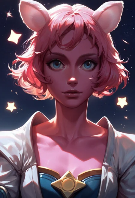 score_9, score_8_up, score_7_up, SLVTK, 1girl, solo, pink hair, short hair, upper body, animal ears, pink skin, facing viewer, dress, collarbone, star (symbol), lips, star (sky), colored skin, partially illuminated