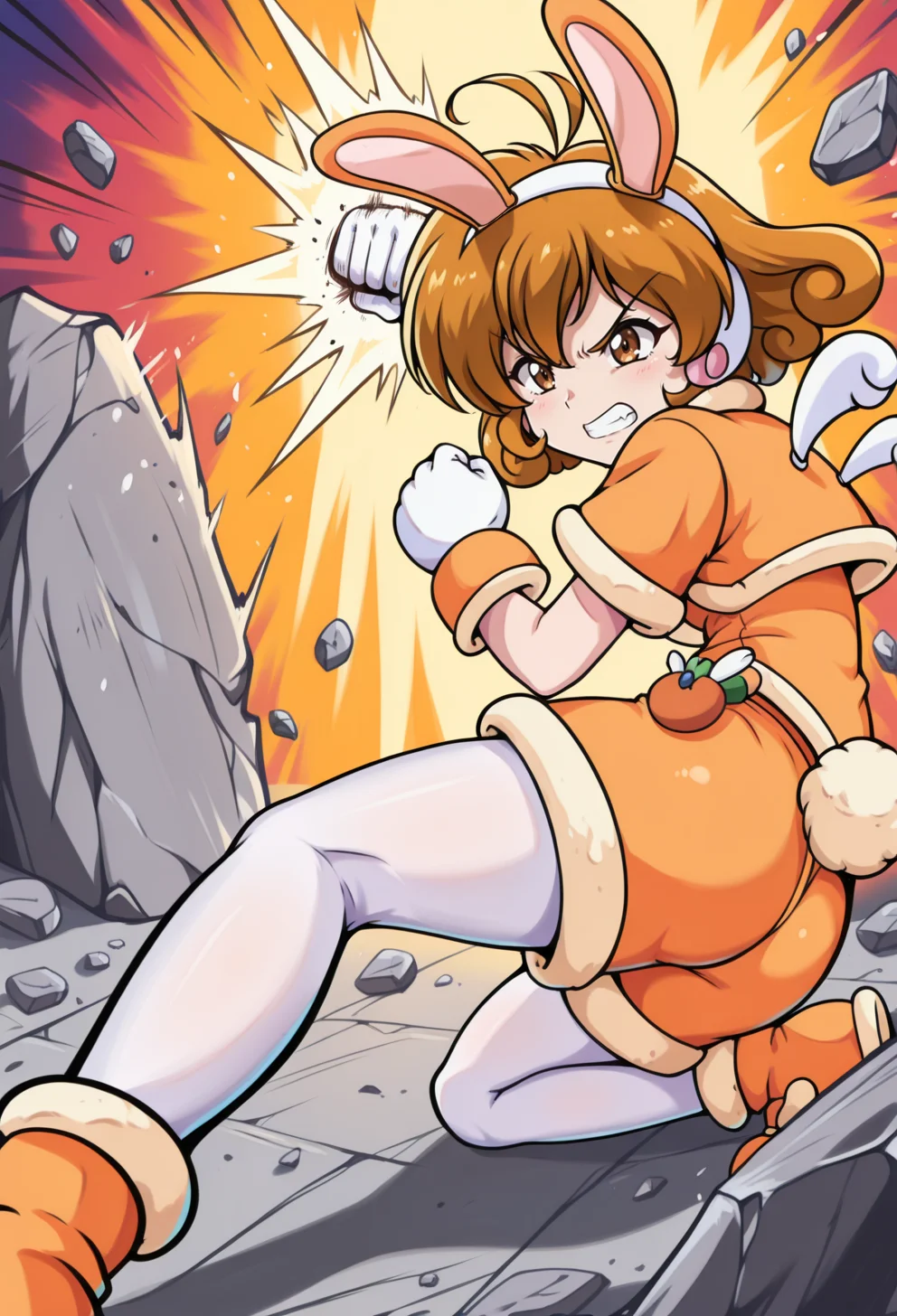 masterpiece, best quality, high quality, anime, <lora:AEYui_1:1>
AEYuiEarth, brown eyes, brown hair, curly hair, short hair, fake animal ears, rabbit ears, white hairband, short sleeves, white gloves, shorts, rabbit tail, white pantyhose, orange footwear, wings,
angry, punching, rocks, debris,
