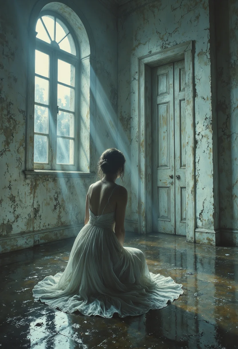 A wide-angle cinematic portrait of a solitary woman leaning against a cracked wall near a high, arched window at midnight. Silver moonlight pours through one broken pane, casting a cool beam that slices across the flooded floor. She kneels on one knee, the other bent, gazing out into the darkness beyond. Her damp gown of sheer fabric shimmers under the lunar glow, accentuating every fold and contour. The room's decayed grandeur, the peeling plaster, stained curtains, and weathered doors are bathed in pale, ghostly blue. Ripples in the water pick up stray moonbeams, creating fractal reflections that dance around her. <lora:Mezzotint_Artstyle_for_Flux_-_by_Ethanar:0.5500000000000002> <lora:SkoolDaze_Portrait_Style-000014:0.5500000000000002> <lora:illustration20FLUX20.XsbF:0.3500000000000001> <lora:cpa.LgFo:0.3500000000000001>