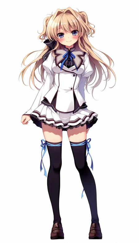 (best quality , masterpiece, good quality), 1girl, solo, msairi, blonde hair, blue eyes, hair intakes, ribbon, school uniform, long sleeves, black thighhighs, thigh ribbon, loafers, full body, straight-on, standing, smile, blush, simple background, white background, <lora:ms-airi-v2_ilxl:1>,