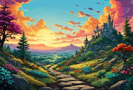 cartoon comic {A fantasy style landscape, scenery of an ancient magical kingdom, magical flora, on a stone path, under a colorful sky filled with magic and mystery} . graphic illustration, comic art, graphic novel art, highly detailed, vibrant colors, 8k, sharp, professional, clear, high contrast, high saturated, vivid deep blacks, crystal clear,