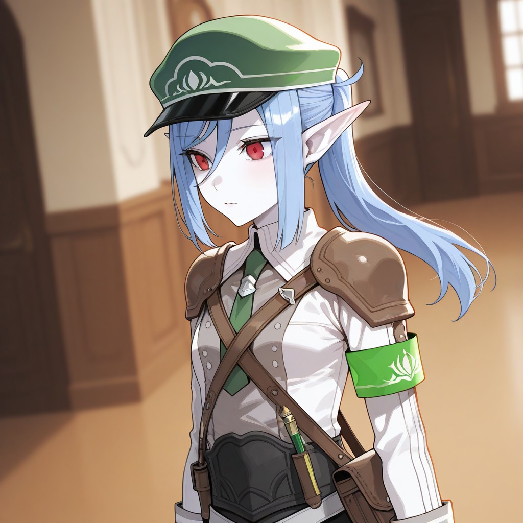 (best_quality, detailed, masterpiece, very_aesthetic, absurdres), general, (zuharu:0.8), (modare:0.5), sas \(ls08b\)
BREAK
1girl, small breasts, white skin, upper_body, adult, dynamic angle, blurry background
BREAK
RF5Scarlett, long hair, blue hair, pointy ears, elf, hair between eyes, ponytail, red eyes, long sleeves, green headwear, armor, shoulder armor, green armband, pauldrons, shirt, military uniform, sidelocks, green pencil skirt, necktie, ribbon, bag, jacket
