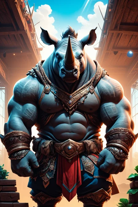 Detailed digital illustration of an anthro Rhinoceros (Gazing at the sky, contemplative wonder) at a Virtual reality gaming den with immersive setups, <lora:xl_more_art-full_v1:0.5>,  <lora:anthro_muscular:0.7> , <lora:madpunk:0.4> madpunk