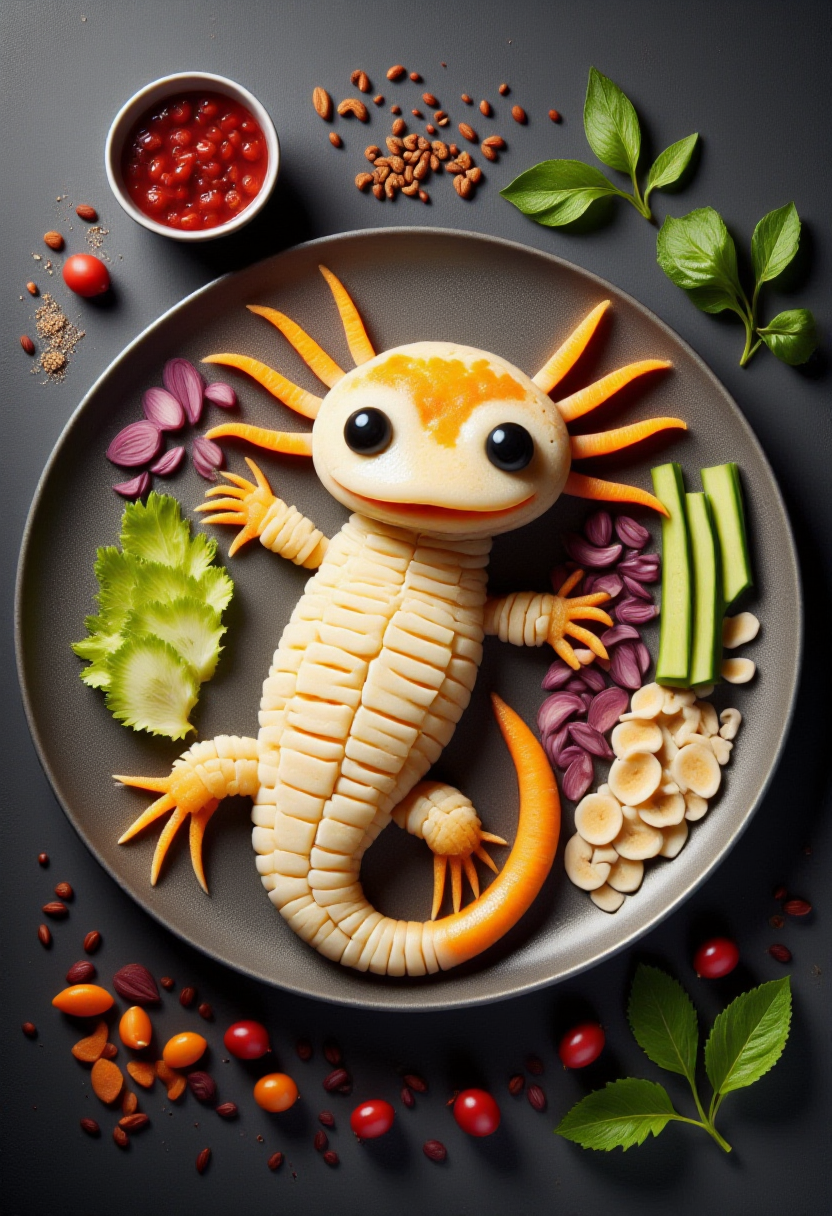 <lora:Food_Formations_FLUX-000016:1><lora:axomodelv2:0.8>
This is a photograph showcasing a meticulously arranged plate of food art, designed to resemble an axolotl.