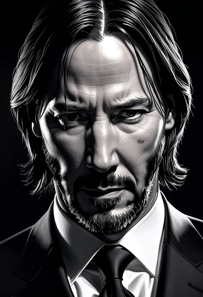 A hyper-realistic black and white mid 40's Male Visual Art portrait of John Wick: Gottfried Helnwein: Obscure lighting and shadows, detailed brush strokes, Macabre background, deep dark color palette
