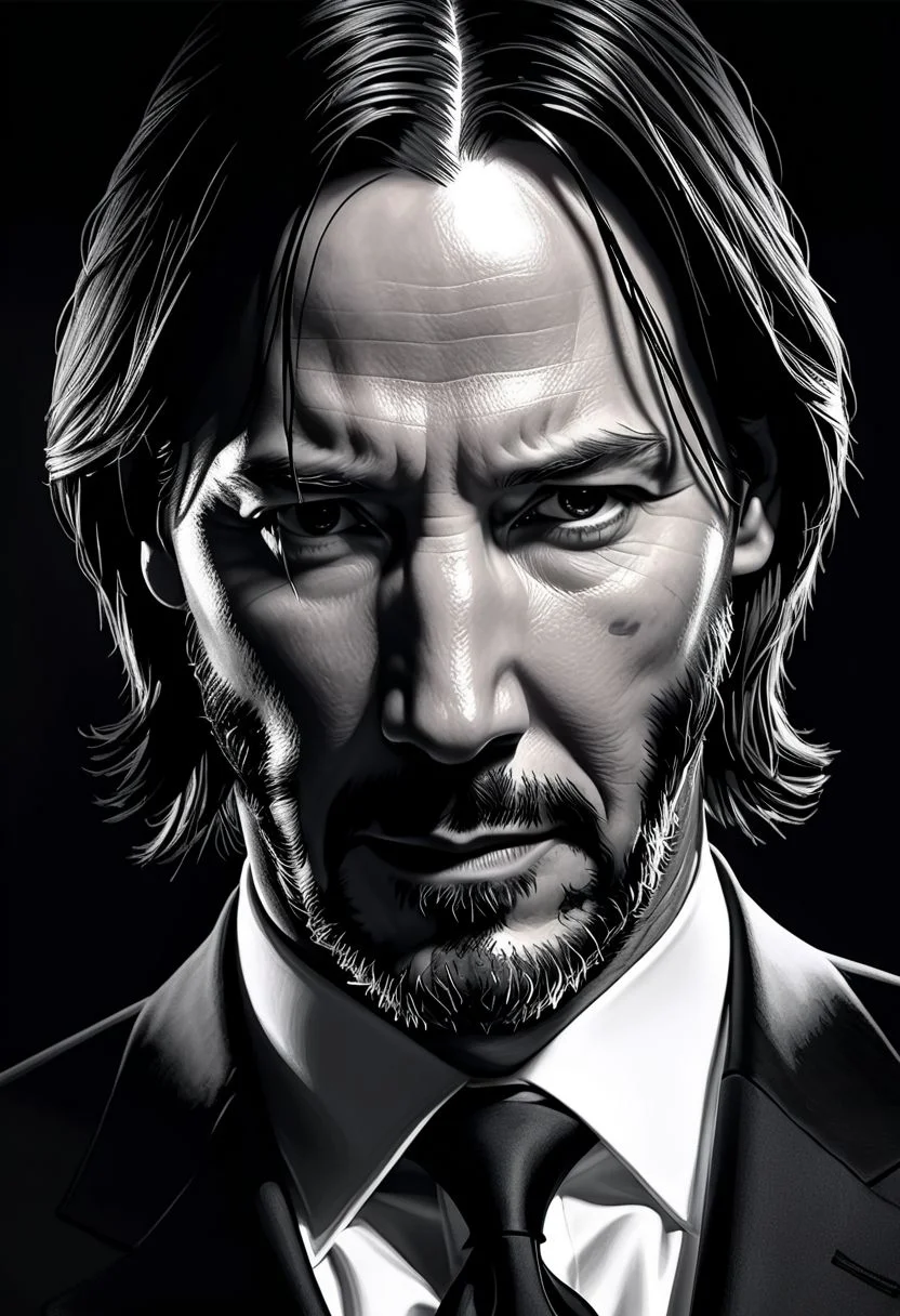 A hyper-realistic black and white mid 40's Male Visual Art portrait of John Wick: Gottfried Helnwein: Obscure lighting and shadows, detailed brush strokes, Macabre background, deep dark color palette