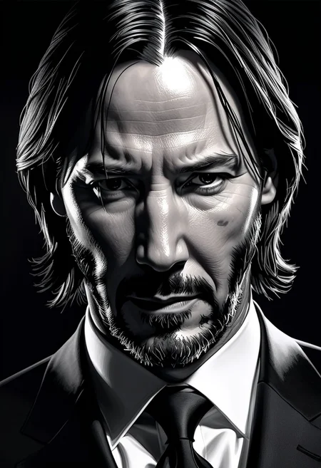 A hyper-realistic black and white mid 40's Male Visual Art portrait of John Wick: Gottfried Helnwein: Obscure lighting and shadows, detailed brush strokes, Macabre background, deep dark color palette
