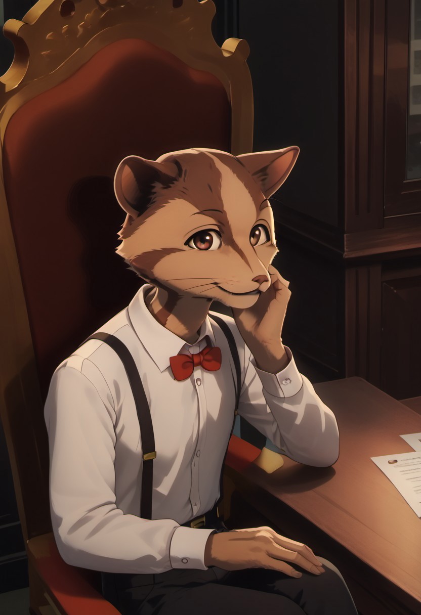 score_9_up, score_8_up, score_7_up, masterpiece, best quality, amazing quality, very aesthetic, absurdres, newest,  high quality, detailed, male, solo male, Deshico, 1boy, mature male, male, anthro, civet, animal ears, brown eyes, tan and brown fur, white collared shirt, red bowtie, black suspenders, black pants, indoors, office, sitting in chair, sitting at desk, looking at viewer, smiling, resting head on hand, half body