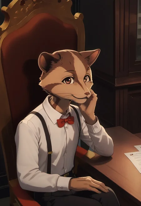 score_9_up, score_8_up, score_7_up, masterpiece, best quality, amazing quality, very aesthetic, absurdres, newest, high quality, detailed, male, solo male, Deshico, 1boy, mature male, male, anthro, civet, animal ears, brown eyes, tan and brown fur, white collared shirt, red bowtie, black suspenders, black pants, indoors, office, sitting in chair, sitting at desk, looking at viewer, smiling, resting head on hand, half body