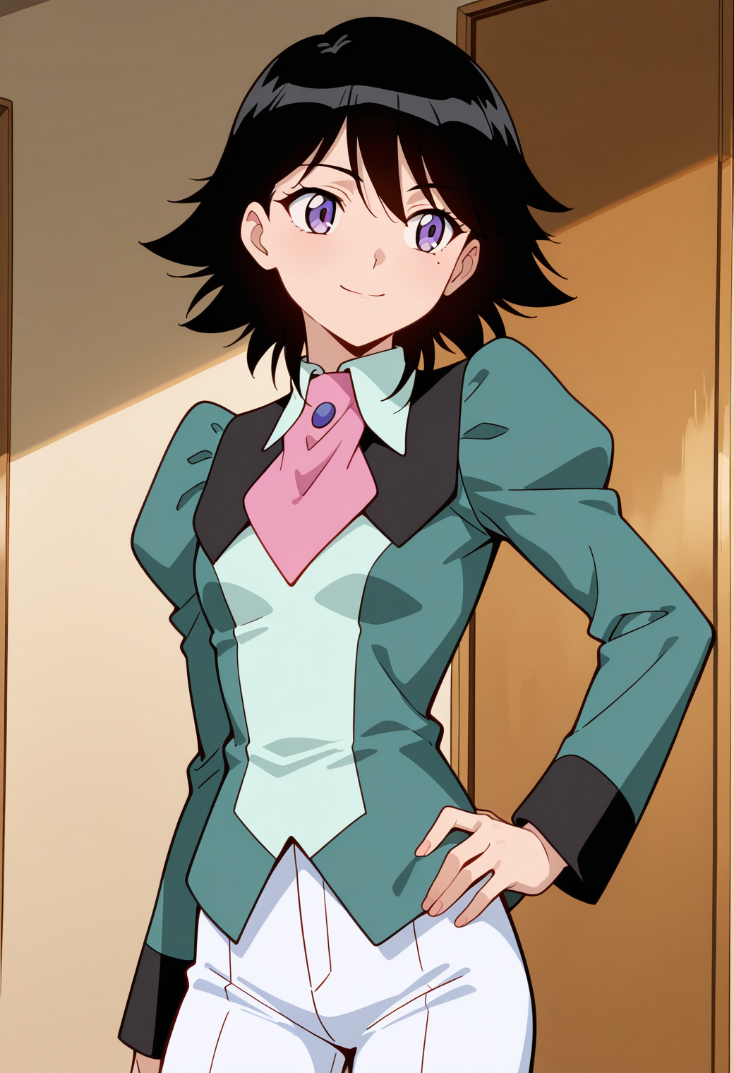 masterpiece, best quality, very aesthetic, absurdres, 1girl, solo,
<lora:shinozaki_ai_v01:0.8>, shinozaki_ai, ai_casual, black hair, short hair, purple eyes,
green uniform, long sleeves, juliet sleeves, pink ascot, white pants, (smile:0.7), upper body, hand on own hip