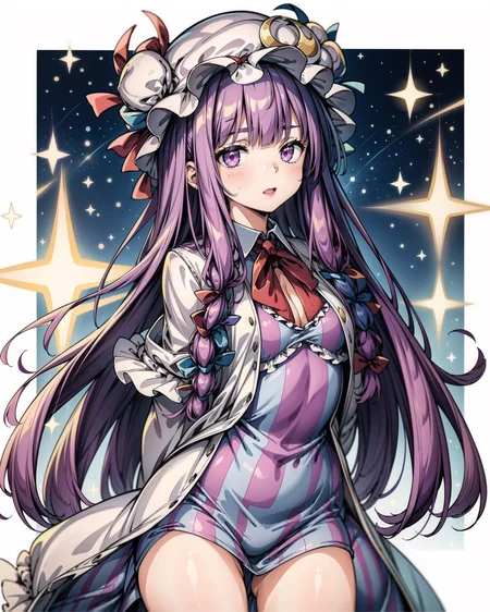 <lora:Patchi V1:1>, 1girl, solo, Patchi, Patchouli Knowledge, purple hair, purple eyes, cowboy shot, blunt bangs, frills, mob cap, striped dress, vertical stripes, (hands behind back), magic, starry sky, sparks, <lora:add_detail:0.65>,  masterpiece, best quality,
