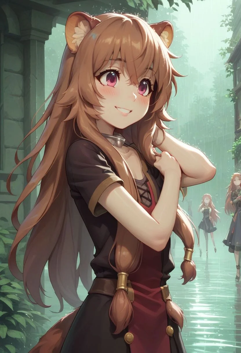 score_9, score_8_up, score_8_up, (((dancing in rain))), dancing, raining, dynamic angle, intricate,
chest closeup, chest focus,
raphtalia,red eyes,raccoon girl,long hair,sidelocks, people, sunlight hitting face,outside, fantasy village, people, lit from front, g0thicPXL, 1girl, ((blush)) highly detailed face, looking away,
flat chest,
youthful petite Body, petite figure, slender body shape,summer heat, heat effects, sun rays, sharp outlining, high contrast, vibrant colors, , smiling, BREAK, (dancing in rain),
flat chest,
score_9,score_8_up,score_7_up,very aesthetic ,(masterpiece:1.4), (best quality), (colorful), (detailed)