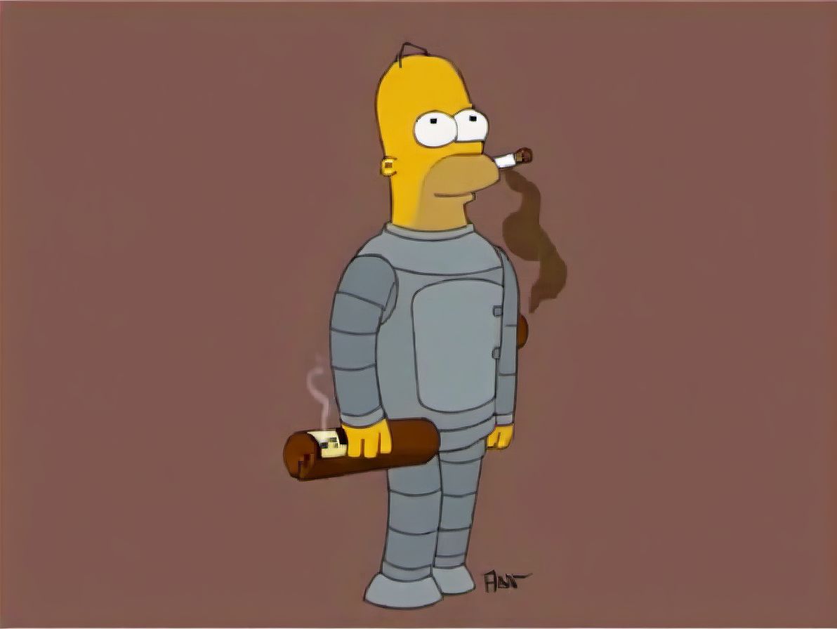 A robot ((smoking a cigar)) simpstyle benderbot <lora:SDXL-benderbot-Lora:0.9> <lora:SDXL-simpstyle-Lora:1>, very detailed, clean, high quality, sharp image