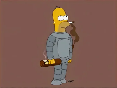A robot ((smoking a cigar)) simpstyle benderbot <lora:SDXL-benderbot-Lora:0.9> <lora:SDXL-simpstyle-Lora:1>, very detailed, clean, high quality, sharp image