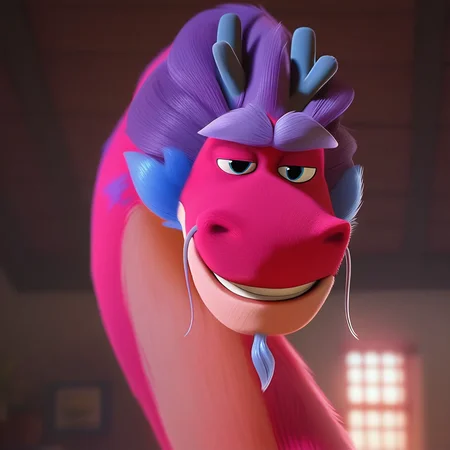 score_9_up, score_8_up, score_7_up, high quality, detailed, source_furry, 1boy, male, solo male, anthro, dragon, wish dragon, eastern dragon, masculine, muscular, pink skin, peach-colored underbelly, broad snout, blue horns, big eyebrows, light violet eyebrows, purple beard, purple mustache, blue eyes, smiling, looking at viewer, bust shot, furnished interior, detailed background, mature male, purple spots on body