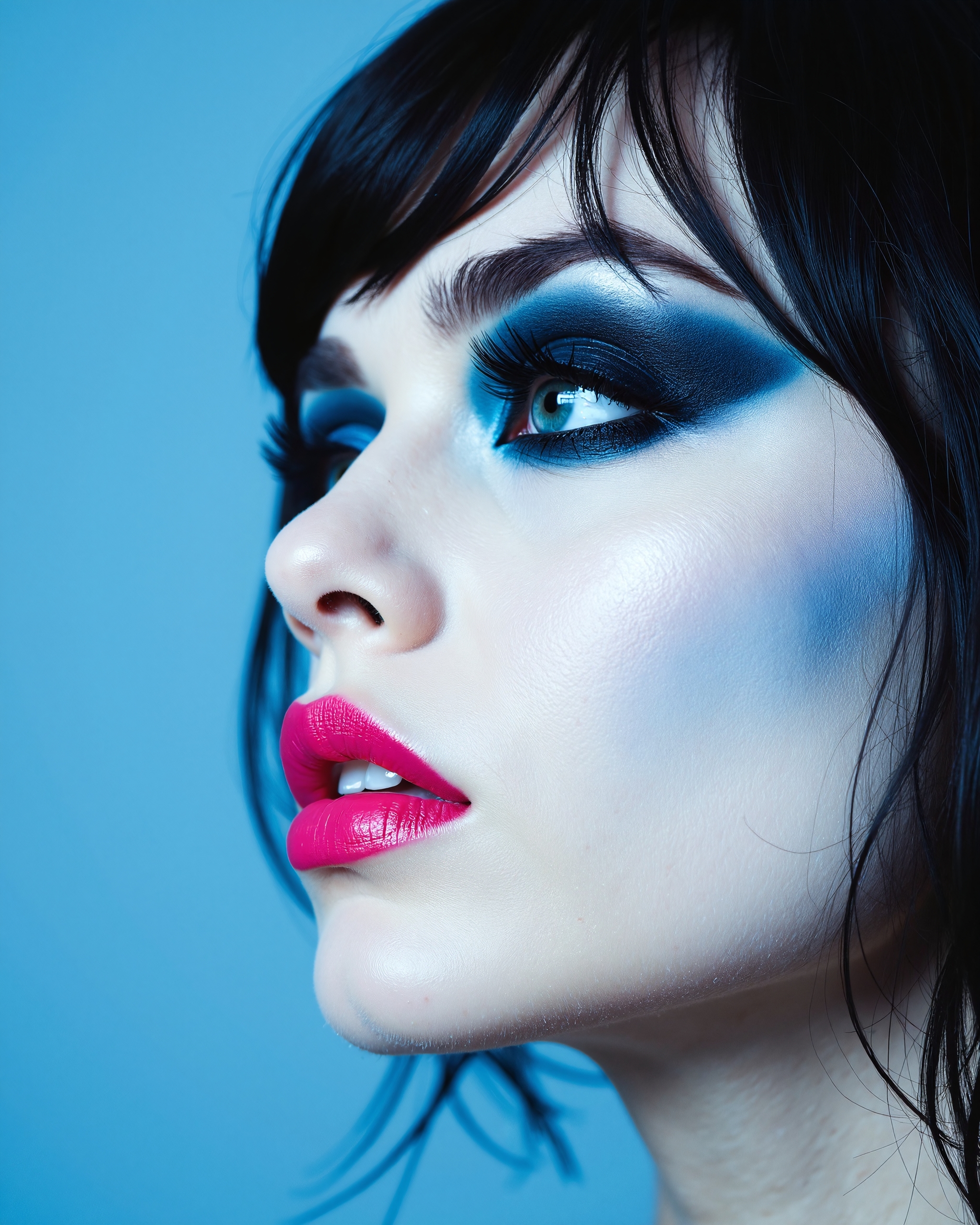 A striking forced perspective profile front view of a goth woman’s face, wearing a sky blue baret. pale skin. Her eyelids are covered in deep, matte black makeup that accentuates her long eyelashes, while her lips stand out in a glossy vibrant pink
. The image is minimalist yet visually intense,  evoking a sense of modern art and surreal beauty.
RAW photo, masterpiece, photorealistic, 8k, best quality, stunning eyes, detailed iris, skin detail, skin pores, blemishes