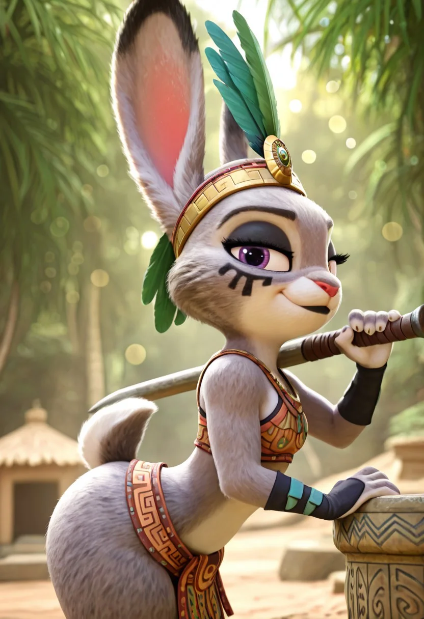 masterpiece, best quality, absurdres, highres, high quality, highly detailed, amazing quality, detailed background, 3d, photorealistic, (bokeh:1.3), official art, Hoovesart, 3d, gloss_(hotglossed),
solo, (shortstack:1.5), JudyHopps ((ultra-detailed body, ultra-detailed fur:1.5)), solo, furry female, rabbit girl, rabbit ears, , ,solo,furry female,rabbit girl,rabbit ears,purple eyes,animal nose,body fur,two-tone fur,grey fur,white fur,rabbit tail, small breasts, wide hips, black eyeshadow, black lipstick, two-tone fur, grey fur, white fur, rabbit tail, close-up, cowboy shot, lidded eyes, sultry
headdress, facepaint, long eyelashes, bodypaint, feathers, aztec clothes, large golden jewelry, , , , side view, standing, bent over, weapon in hand, leaning against weapon, weapon pointed down, , smirk, looking at viewer, , , , outdoors, Mesoamerican jungle, temple, hot and humid climate, aztec, macuahuitl, well-lit, fill light, (close-up:1.5), closeup,