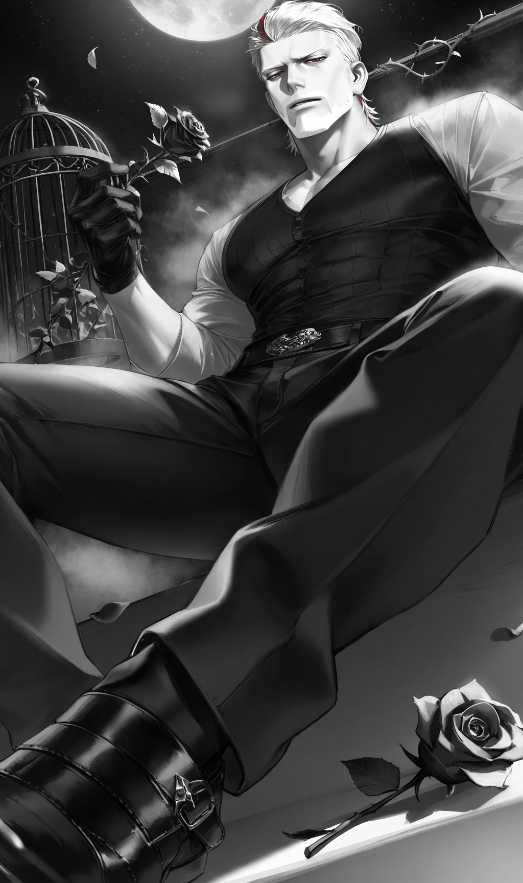 realistic shading,expressive face,looking at viewer,1boy,beard,white hair,facial hair,beard,mature male,mustache,short hair,red eyes,gloves,black footwear,black gloves,<lora:MORIIIL:0.7>,Black inner,old,aged up,manly,dynamic angle,masterpiece,best quality,dynamic angle,intricately detailed illustration,masterpiece,best quality,amazing quality,very aesthetic,absurdres,newest,sikin tight,pantyhose,starry_sky,lake,night,tight,leather,leaning,heavy_breathing,moaning,slender_waist,large_pectorals,jitome,Slightly_open_mouth,exhausted,endured_face,(rose),((vine)),cage,bandage,(detail light),falling rose petals,vines,ink,rose,greyscale,no shadow,simple background,fog,, score _9,score_8_up, score_7_up,source_anime,rating_explicit,